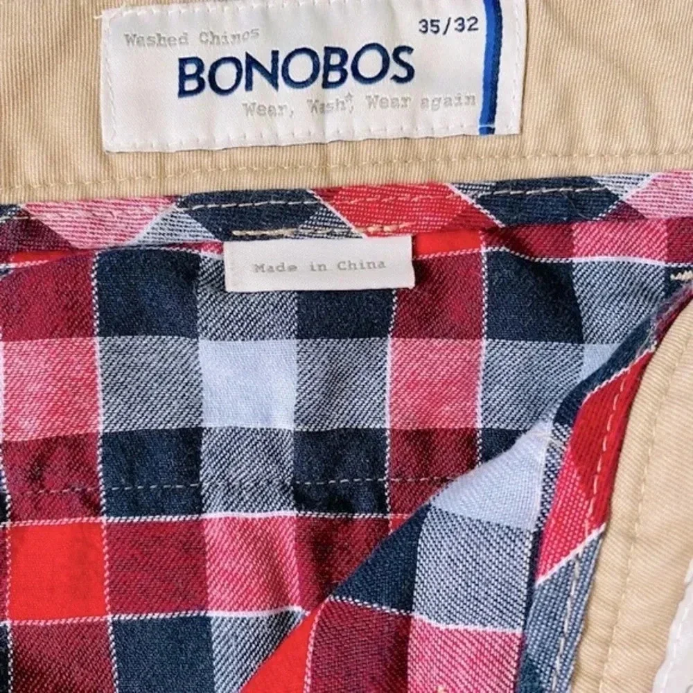Bonobos Men’s Straight Fit Cotton Twill Chinos Khaki Plaid Accents 35x32